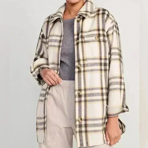 NWT Oversized Old Navy Soft Brushed Plaid Shacket, Size XS, Cream, Black, Tan - Picture 1 of 12